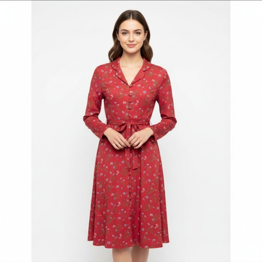 Vintage 70s Floral Red Dress Medium